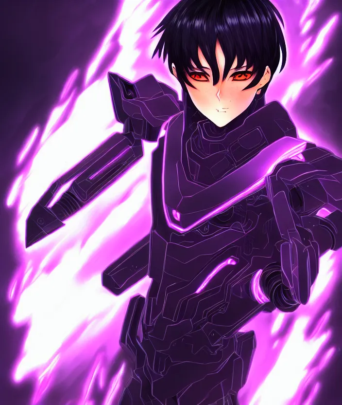 Image similar to a detailed manga illustration character full body portrait of a dark haired cyborg anime man wreathed in purple fire, trending on artstation, digital art, 4 k resolution, detailed, high quality, sharp focus, hq artwork, insane detail, concept art, character concept, character illustration, full body illustration, cinematic, dramatic lighting