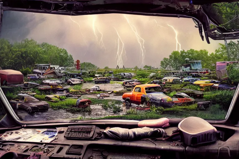 Image similar to hyperrealism, scene from thunderstorm, starship, junkyard, louisiana swamps, orange blooming flowers garden, 8 k, 8 0 s japanese sci - fi books art