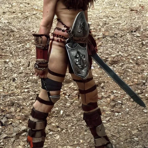 Image similar to full body photo of a skinny female barbarian warrior