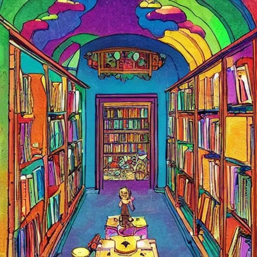 Prompt: an imagination machine bursting with colours, inside a wizards room, books are on shelves, machine parts litter the floor, in the style of studio ghibli