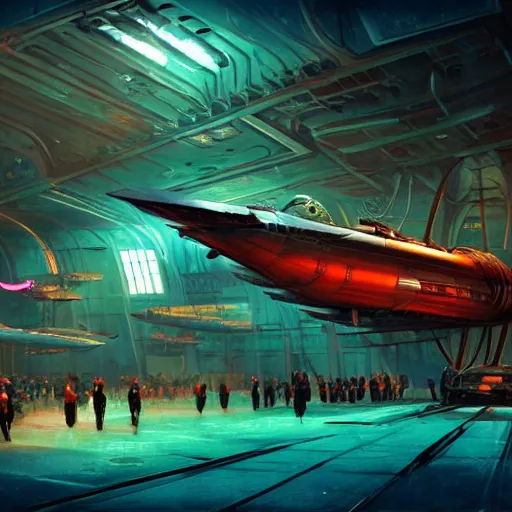 Image similar to concept art, retro - futurist steampunk pilot, airship hangar, imperious, octane render, artstation, dramatic neon lighting, glowing imperial motifs, eerie, mysterious, red turquoise accents, bladerunner, by gerald brom, james jean, syd mead, akihiko yoshida, cinematic w 1 0 2 4