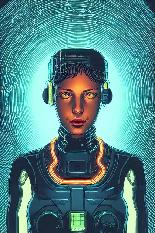 Image similar to portrait of a cyberpunk girl with a ribbed biomechanic parts and neon light, illustrated by Laurie Greasley and Michael Whelan and Igor Morski, crepy ambiance, highly detailed, trending on artstation