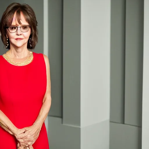 Prompt: dslr portrait still of sally field wearing a beautiful red dress, 8 k 8 5 mm f 1. 4