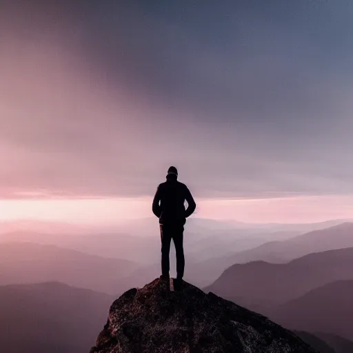 Prompt: A man stands on a mountaintop, looking into the horizon, magical, impressive, infinity, sunset light, Atmospheric phenomenon, artistic photography, muted colors, conceptual