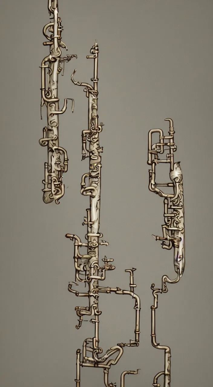 Prompt: a wind instrument with ceramic pipes shaped like a human larynx, in the style of a medical diagram, 8k,