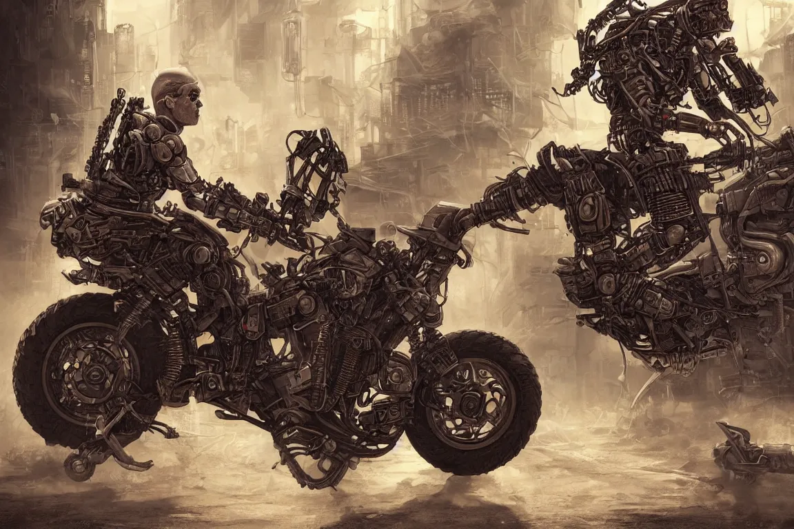 Prompt: a beautiful ultradetailed fine art illustration of a cyborg riding a mad max motorcycle in a cyberpunk city road, side view, by ryan church, trending in behance, cybernetic scifi, bokeh, just after rain