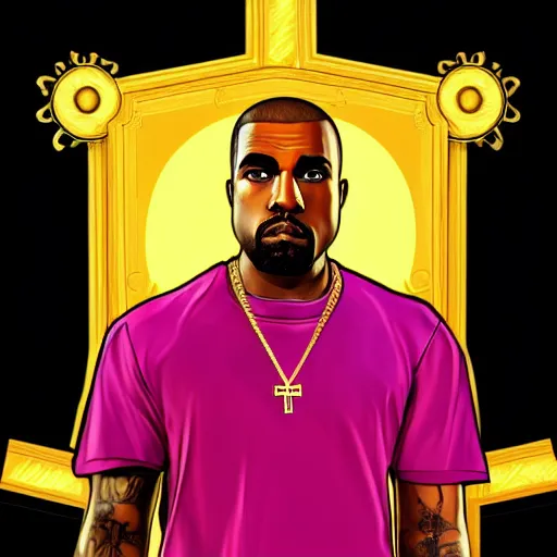 Image similar to illustration gta 5 artwork of holy saint kanye west, golden cross, in the style of gta 5 loading screen, by stephen bliss