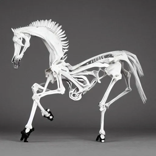 Image similar to a dark skeleton horse, fully skeletal horse, death