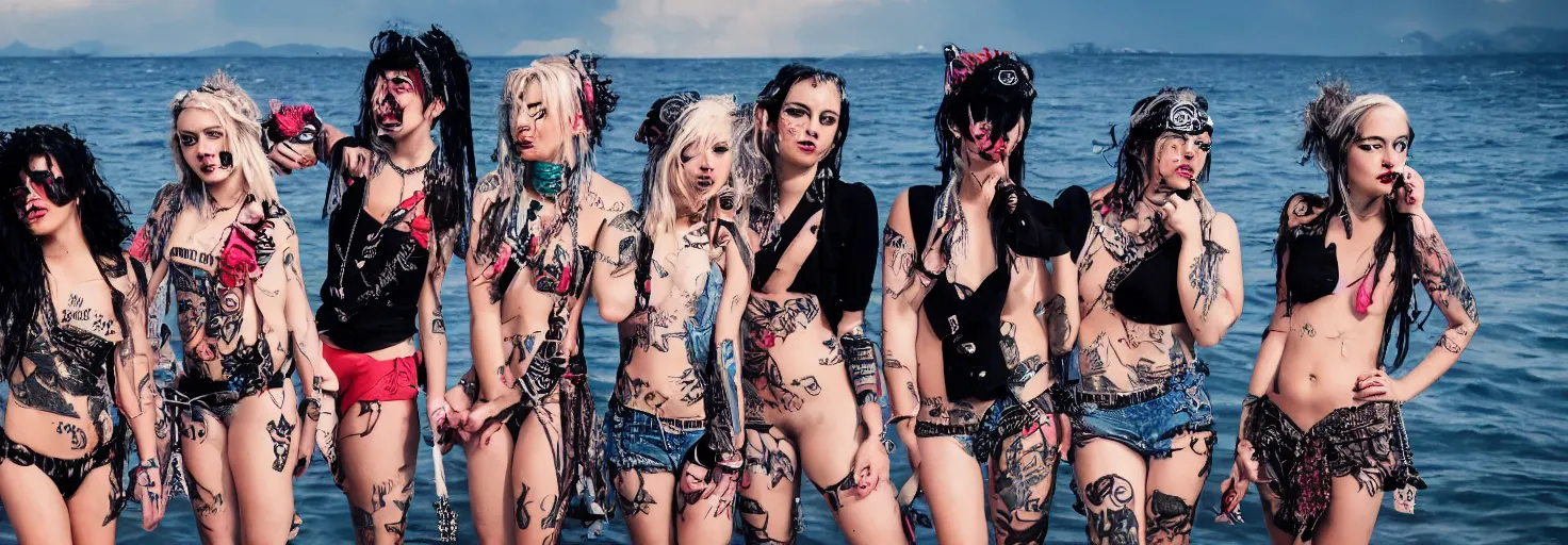 Prompt: girls on the sea, punk style, high quality, 8 k