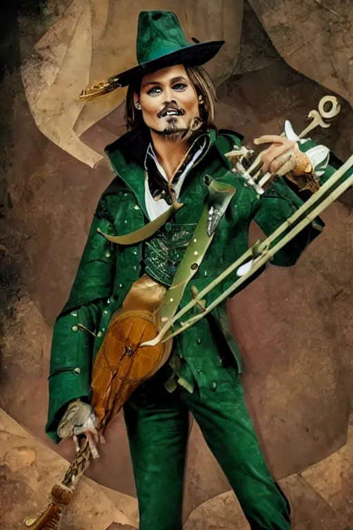 Image similar to Breathtaking comic book style of Johny Depp portrayed as a Dungeons and Dragons bard, playing the lute and wearing a pale green jacket in the style of Ralph Dorsey