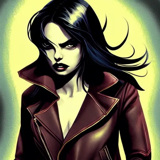 Image similar to Rafael Albuquerque comic cover art, loish, Sam yang, artgerm, Ross tran, pretty female Samara Weaving vampire, very sharp fangs blood on face face, sarcastic smile, symmetrical eyes, symmetrical face, brown leather jacket, jeans, long black hair, middle shot, highly saturated, deep blacks