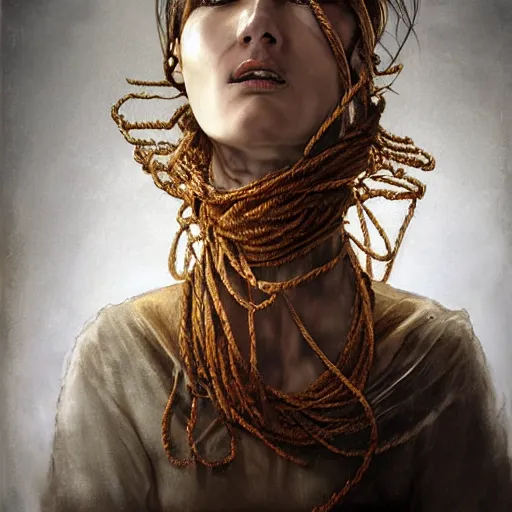 Image similar to portrait of a Shibari rope wrapped face and neck, headshot, insanely nice professional hair style, dramatic hair color, digital painting, of a old 13th century, traveler, amber jewels, baroque, ornate clothing, scifi, realistic, hyperdetailed, chiaroscuro, concept art, art by Franz Hals and Jon Foster and Ayami Kojima and Amano and Karol Bak,