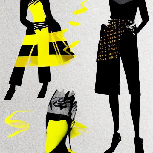 Prompt: brutalist fashion incorporating black and yellow, fashion show, studio lighting, concept art