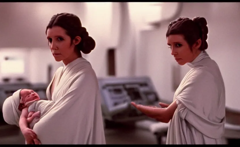 Image similar to screenshot of Princess Leia Organa holding a new born baby in a swaddle, standing next to Han Solo watching with his arms behind his back, pensive, iconic scene from 1980s Star Wars film directed by Ridley Scott, in a sci fi nursing home architecture, last jedi, 4k HD sharp, cinematic still frame, photoreal, detailed face, moody lighting, stunning cinematography, anamorphic lenses, kodak color film stock