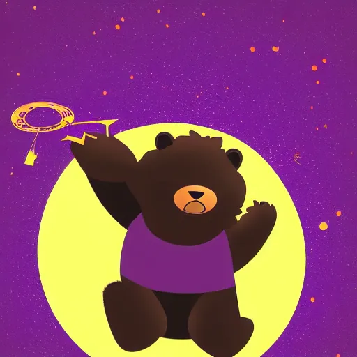 Image similar to cartoon illustration of a bear mascot being launched from a futuristic marble planet, purple and orange cloudland