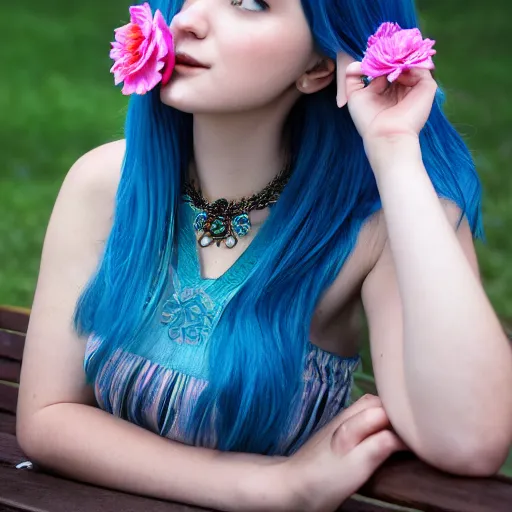 Image similar to dslr photo of a pretty young woman, full bodied portrait, with blue hair, sitting on a bench wearing a flower skirt, and body and wearing hemp sandals and a very detailed ruby necklace around neck, artgerm, artstation, very high quality face, intricate details, extremely high quality, moody lighting, real camera, real photo, 8 k, full subject in shot