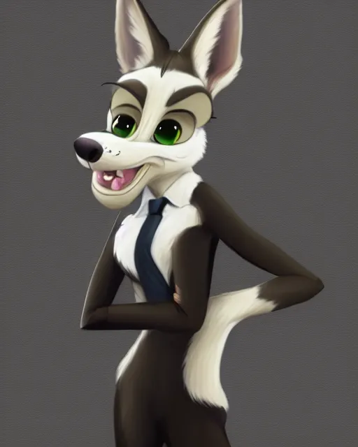 Image similar to digital painting full body of anthromorphic furry female wolf, in style of zootopia, female fursona, furry, furaffinity, 4 k, artstation furry, deviantart, furry art, fursona art, wearing black business suit, wearing black business suit, wolf fursona, female, very expressive detailed feminine face,