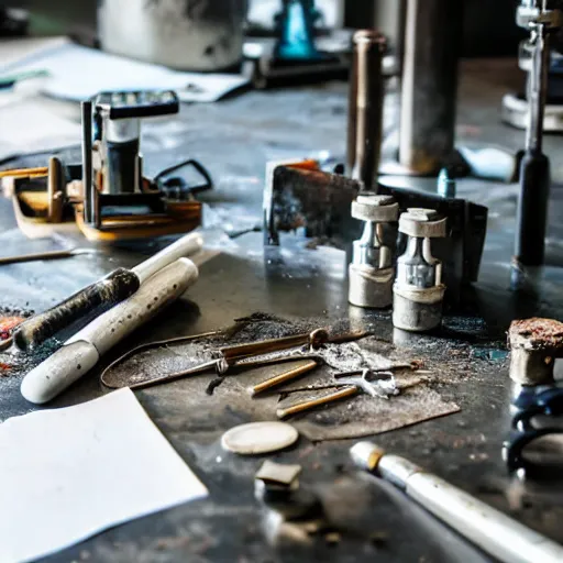 Image similar to A close-up shot of a metal table with laboratory tools and materials in an abandoned biopunk laboratory,