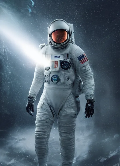 Image similar to cgi poster art by craig mullins astronaut in futuristic dark and empty spaceship underwater. infrared glowing lights. complex and hyperdetailed technical suit. reflection and dispersion materials. rays and dispersion of light. volumetric light. 5 0 mm, f / 3 2. noise film photo. flash photography. octane render. interstellar movie poster