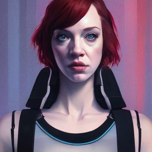 Image similar to highly detailed upper body portrait christina hendricks wearing plastic crop top cyberpunk in gta v, stephen bliss, unreal engine, fantasy art by greg rutkowski, loish, rhads, ferdinand knab, makoto shinkai and lois van baarle, ilya kuvshinov, rossdraws, tom bagshaw, global illumination, radiant light, detailed and intricate environment