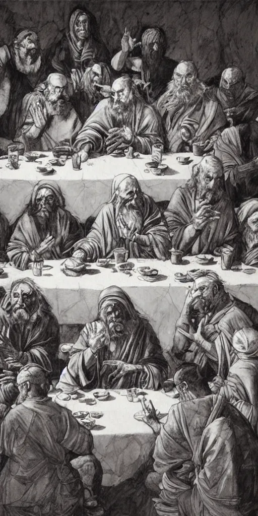 Image similar to oil painting scene from the last supper by kim jung gi