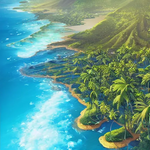 Image similar to a painting a breathtaking aerial view of Hawaiian islands, surrounded by palm trees, clouds, flowers, volcano, azure ocean, sunlight glistening, glow, , a detailed matte painting by sylvain sarrailh, Stephan Martinière, by RHADS, Makoto Shinkai, bokeh, Artstation contest winner, fantasy art, concept art, #vfxfriday