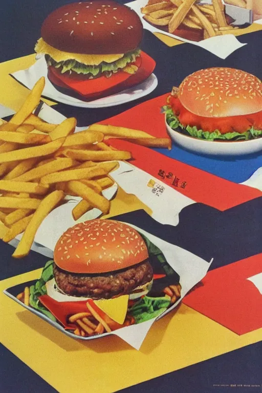 Prompt: burger and fries advertisment, still life, 1 9 7 0 s japan shouwa advertisement, print, nostalgic