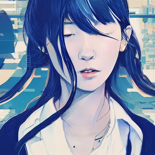 Image similar to Frequency indie album cover, luxury advertisement, white, indigo and teal colors. highly detailed post-cyberpunk sci-fi close-up schoolgirl in asian city in style of cytus and deemo, mysterious vibes, by Ilya Kuvshinov, by Greg Tocchini, nier:automata, set in half-life 2, beautiful with eerie vibes, very inspirational, very stylish, with gradients, surrealistic, postapocalyptic vibes, depth of filed, mist, rich cinematic atmosphere, perfect digital art, mystical journey in strange world, bastion game, arthouse