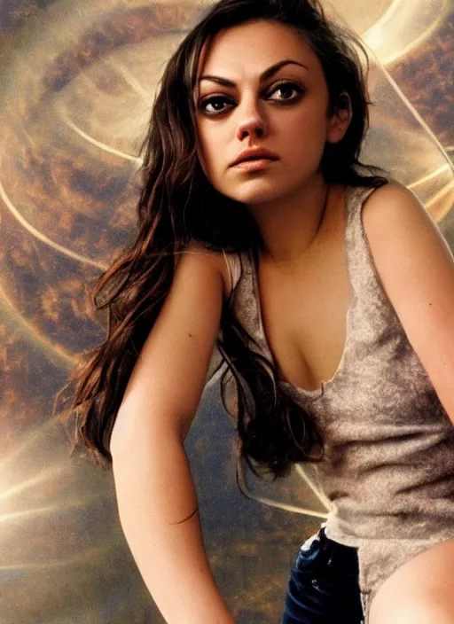 Image similar to beautiful young Mila Kunis wearing a vintage Raypunk outfit, accurate anatomy, abstract sun in background, shiny soft skin, soft lighting, sharp details, warm colors, full body portrait, 35 mm film, subsurface scattering, lens flare