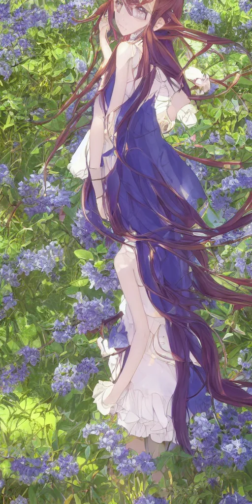 Image similar to a digital art of a loli with long hair in a dress in the privet garden at after noon, green and warm theme, mediumslateblue flowers, low angle, back lighting, by krenz cushart and mucha and akihito yoshida and greg rutkowski and makoto shinkai, highly detailed, 4 k resolution, trending on art station