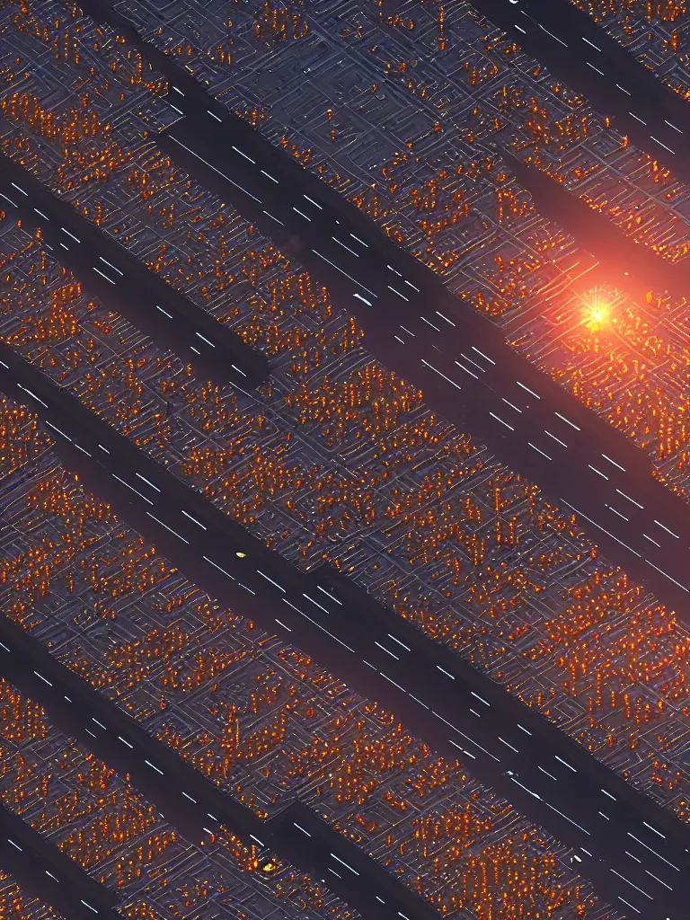 Prompt: An aerial view of a city landscape of hundreds of nixie tubes on a grid layout street system with streetlights at sunset, 3D Rendered, fresnel effect, subsurface scattering, Unreal Engine