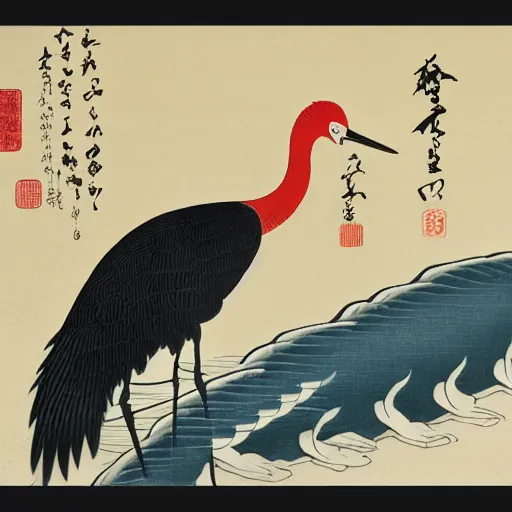 Prompt: 鶴 crane, in the style of hokusai, ukiyo-e