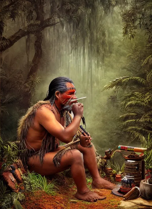 Image similar to a beautiful portrait of an indigenous man sitting in the jungle, surrounded by smoke, smoking a pipe, praying with tobacco, mysterious atmosphere, fantasy art, matte painting, highly detailed