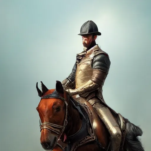 Image similar to portrait of a man riding a horse, elegant, highly detailed, oil painting, artstation, concept art, matte, sharp focus, illustration