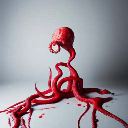 Image similar to a clean studio photography set, there is a bucket of red paint and it has just viciously exploded, there is paint EVERYWHERE, even on the octopus, incredible beautiful ambient light