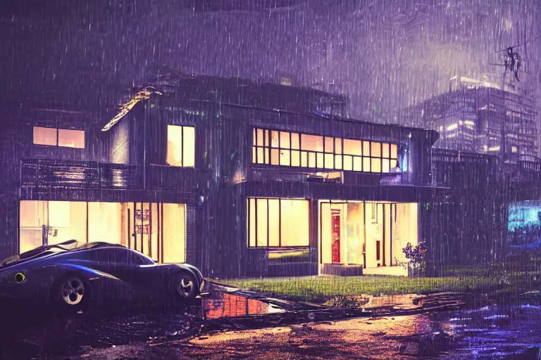 Image similar to cyberpunk, an estate agent listing photo, external view of a detached city house in the UK, it's night time, raining, sports car, by Paul Lehr, highly detailed, photorealistic, unreal engine, 8k, anamorphic, cinestill cinematrography