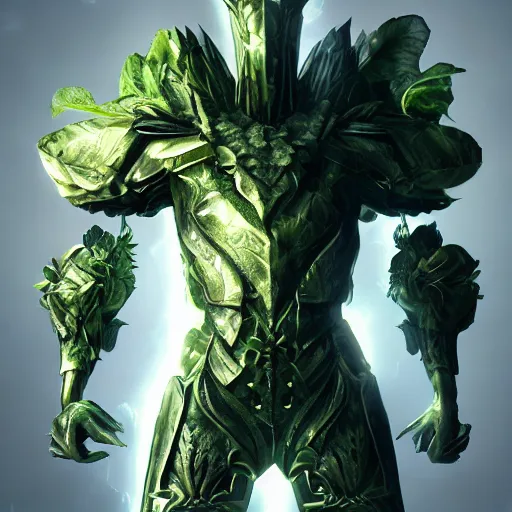 Prompt: vegetal humanoid armored botanical rune covered armor leafy nanotechnology sleek kryptonite protomolecule highly evolved with utility fog tendrils in high contrast cinematic light, mystical shadows, sharp focus, divine realm of gods, octane render