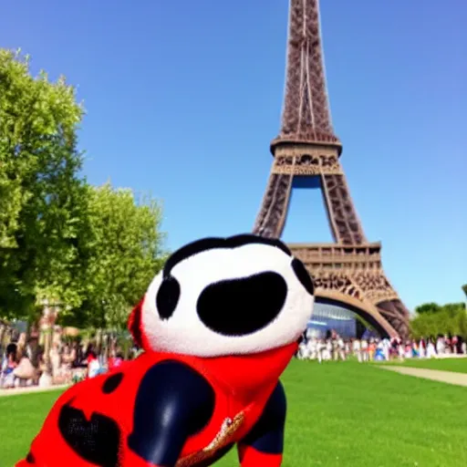 Prompt: Superhero Ladybug from Disney posing in front of the Eiffel tower in front of a blue sky on a sunny day, dynamic camera angle