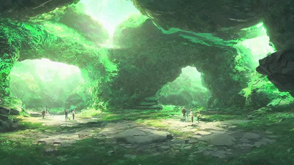 Prompt: A cave entrance with a glowing green crystal on the ground, mystical, surreal, fantasy, fairytale, magical, glowing, light, 3D environment, art by Makoto Shinkai