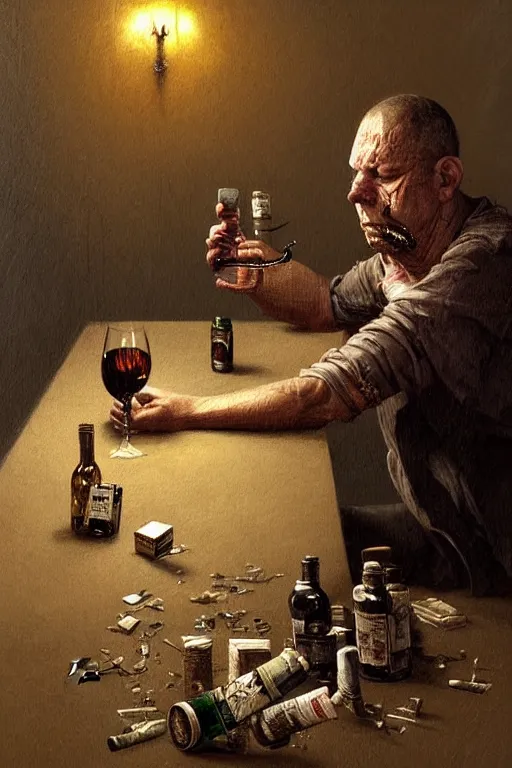 Image similar to dirty faced and very tired man looking pile smoking a winebottle, drugs, cigarrette boxes at the table, fantasy, intricate, elegant, highly detailed, digital painting, artstation, concept art, addiction, chains, smooth, sharp focus, illustration, art by Ilja Repin