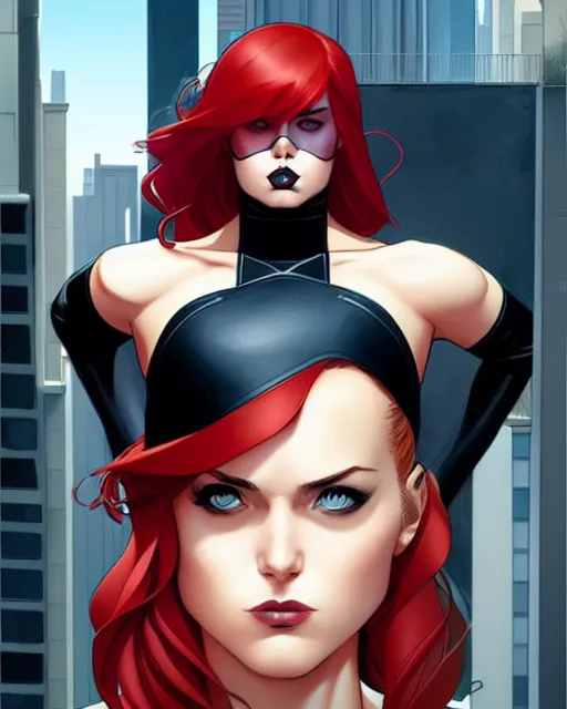 Image similar to phil noto comicbook cover art, artgerm, female domino marvel, black spot right eye, symmetrical eyes, long red hair, full body, city rooftop