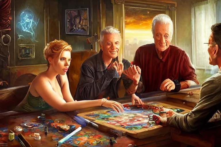 Prompt: portrait of bob barker playing twister with scarlett johansson, an oil painting by ross tran and thomas kincade