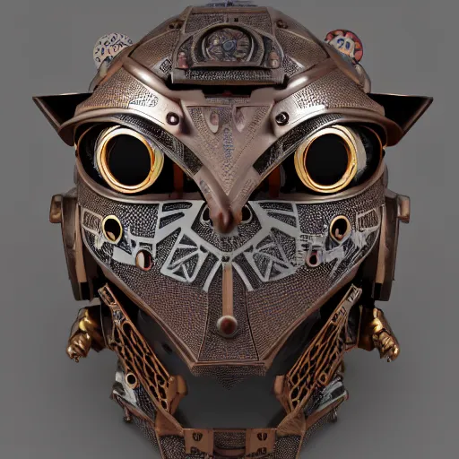 Image similar to steampunk tribal mask, robot, owl, oni, japanese pottery, vivid colors, wood, metal, intricate details, trending on cgsociety, concept art, glowing eyes, sharp focus, ultra realistic details, cinematic atmosphere, global illumination, shadows, octane render, 8 k