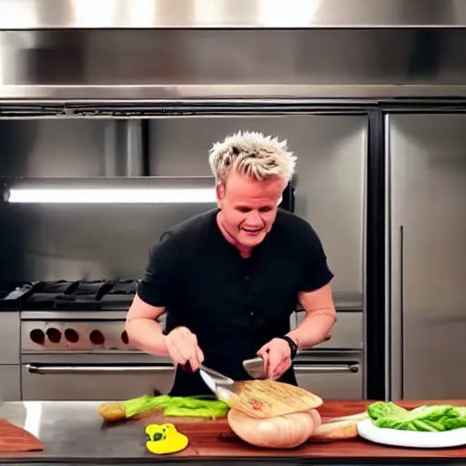 Image similar to hyper real Gordon Ramsey cooking a unicorn in kitchen 4k