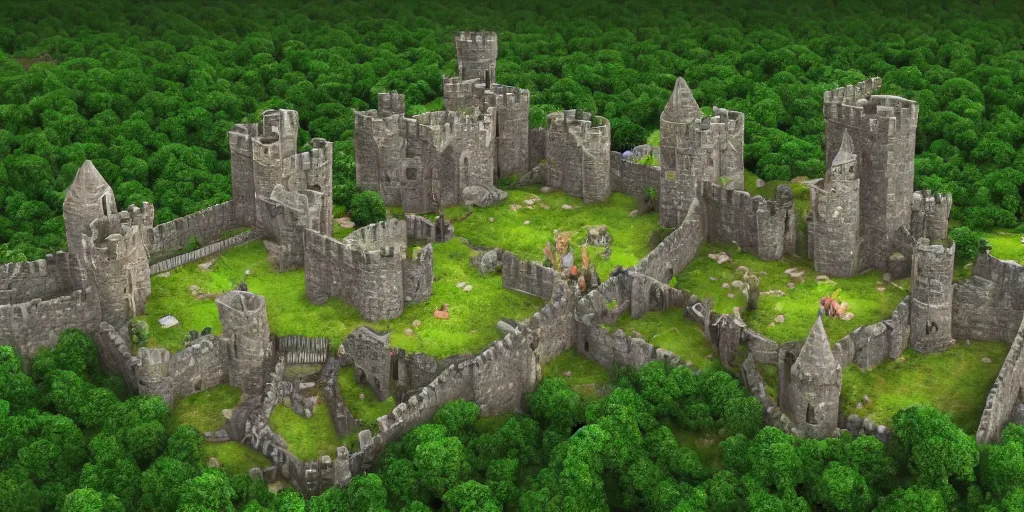 Image similar to medieval castle in a jungle with towers and moat, 3 d, isometric, polygon