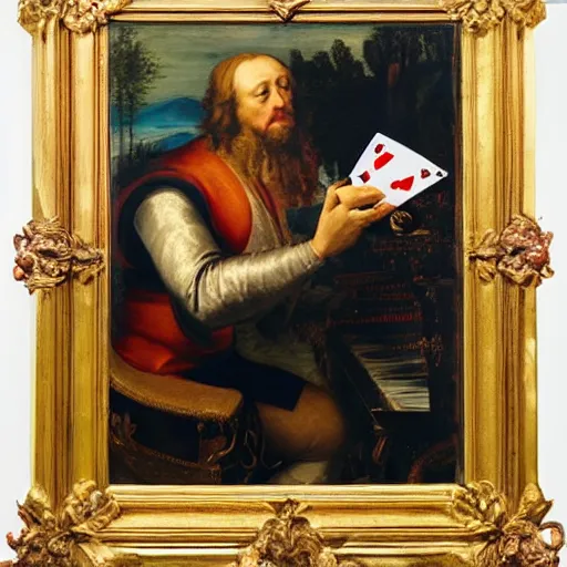 Prompt: a renaissance painting of a man playing piano with playing cards floating in the air