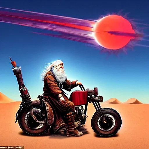 Prompt: dieselpunk Gandalf is riding a oversized motorcycle through a gigantic desert with high dunes, it is dawn, the sky is red, airbrush on canvas