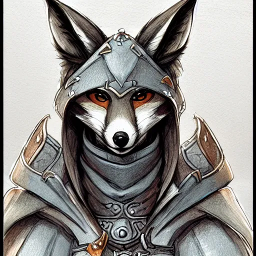 Image similar to heroic character design of anthropomorphic fox, whimsical fox, portrait of face, holy crusader medieval, final fantasy tactics character design, character art, whimsical, lighthearted, colorized pencil sketch, highly detailed, Akihiko Yoshida