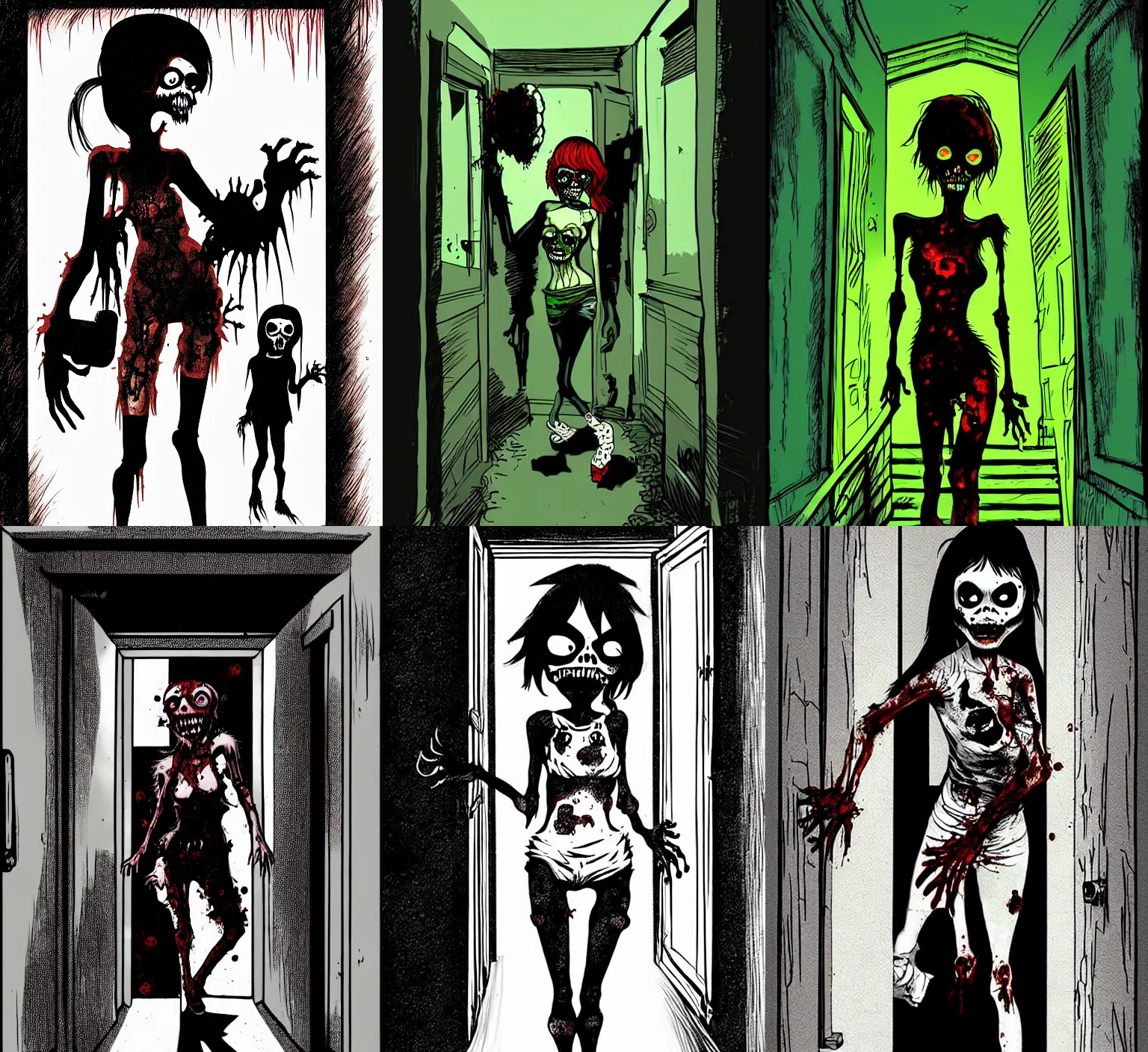 Prompt: zombie girl coming out of a dark hallway, detailed digital illustration, art by jamie hewlett