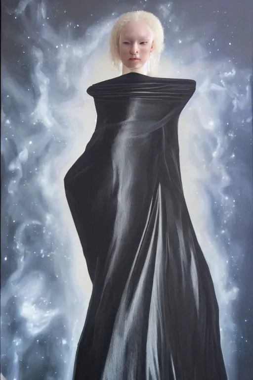 Image similar to hyperrealism oil painting, close - up portrait of albino medieval fashion model, black silk, steel gradient mixed with nebula sky, in style of baroque